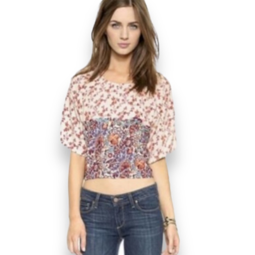 NWOT! HOUSE OF HARLOW 1960 Ava Multicolor Floral Fig Short Sleeve Top Medium